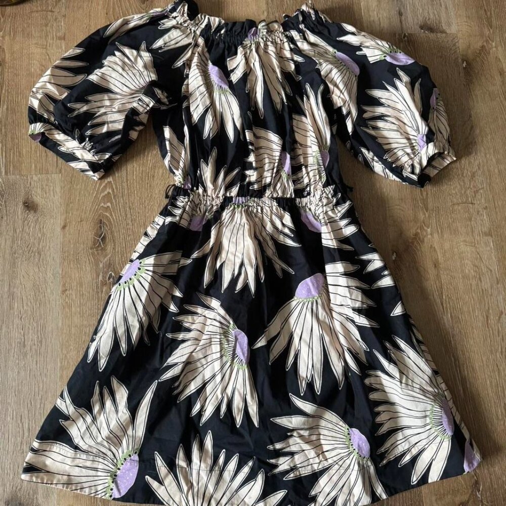 Kate Spade Falling Flowers Black Purple and Cream mini Dress with pockets sz XS